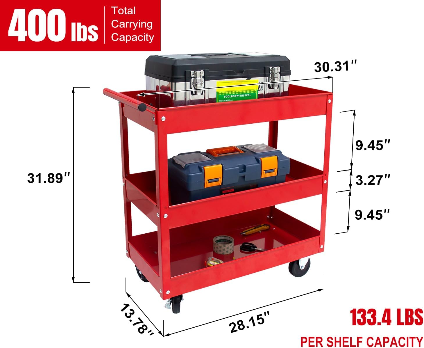 Heavy Duty 3-Tier Rolling Tool Cart with 2 Brakes - 32 x 14 Inch Metal Utility Cart, 400 lb Capacity, Mobile Service Cart for Garage, Workshop, Warehouse & Office (Red)