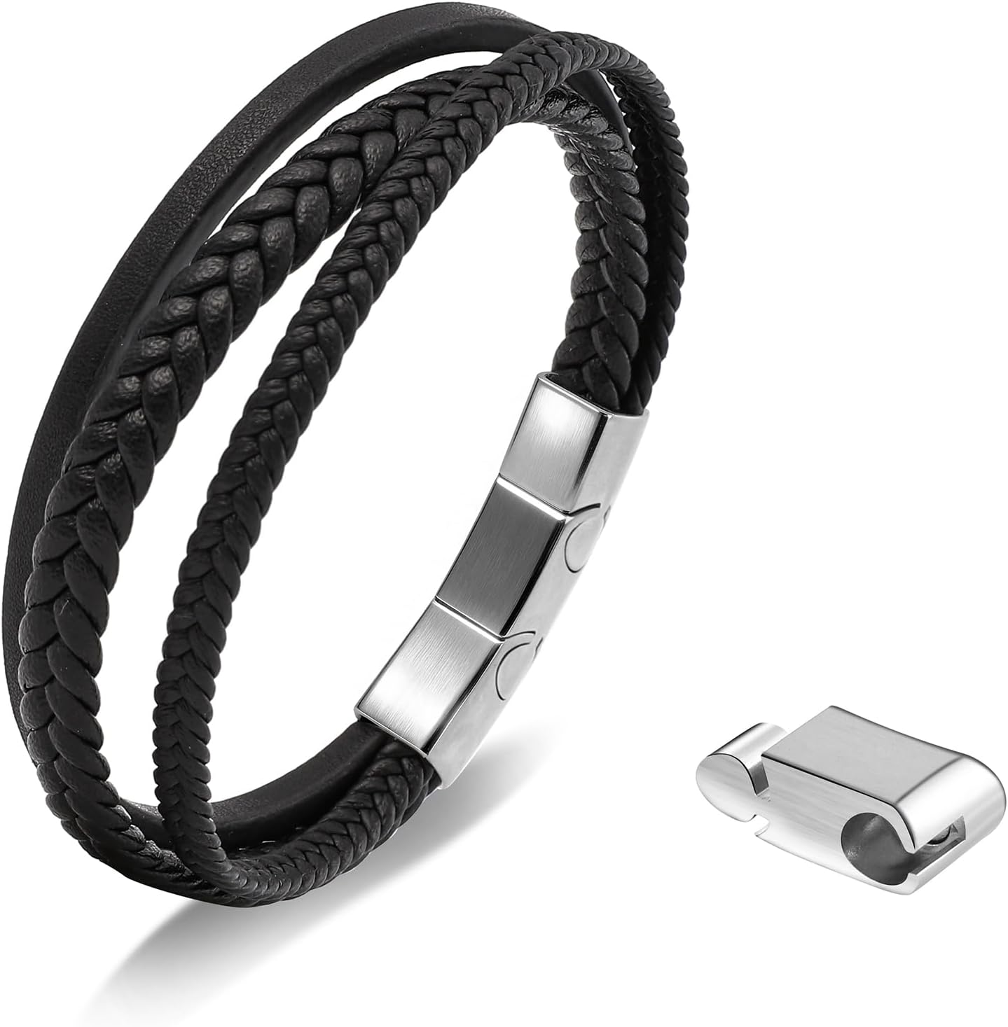 black genuine leather bracelet for men with adjustable stainless steel magnetic clasp - multi-layer braided rope design - stylish bracelet for men Fits wrist sizes 6.1-7.5 inches.