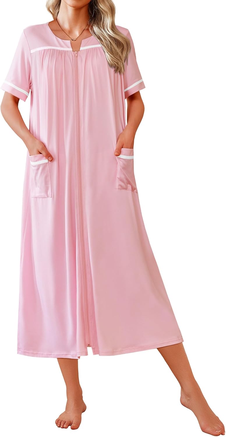Ekouaer Zipper Robes for Women Short Sleeve Bathrobe Soft Lightweight Housecoat Full Length Nightgown with Pockets S-3XL
