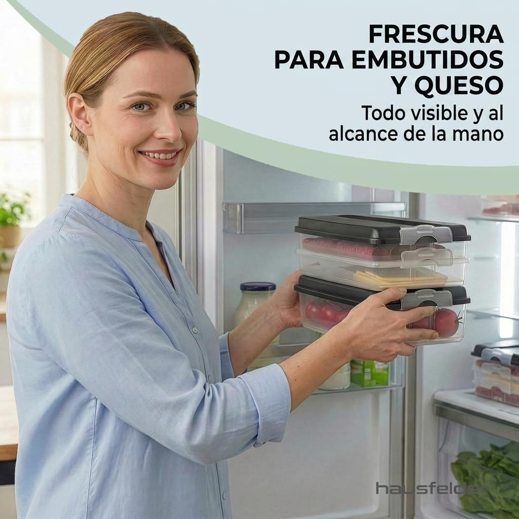 Hausfelder caja de frigorífico fiambrera triple - apilable con tapa - caja | Set de fiambreras apilables para frigorífico con tapa para queso y embutidos, sin BPA y aptas para lavavajillas