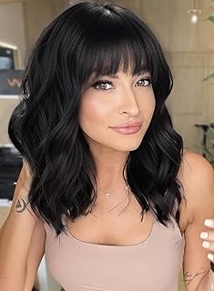 AISI HAIR Bob Curly Wig Synthetic Short Black Wig with Bangs Natural Looking Heat Resistant Fiber Hair for Women