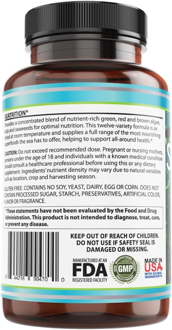Seatrition Immune Thyroid Support Pure 12 Whole Seaweed Plants Vegan Friendly (6 Month Supply) Natural Multi Vitamin Sea Minerals Wholefood Nutrition Supplement 90 Veg Capsules - 6 Pack