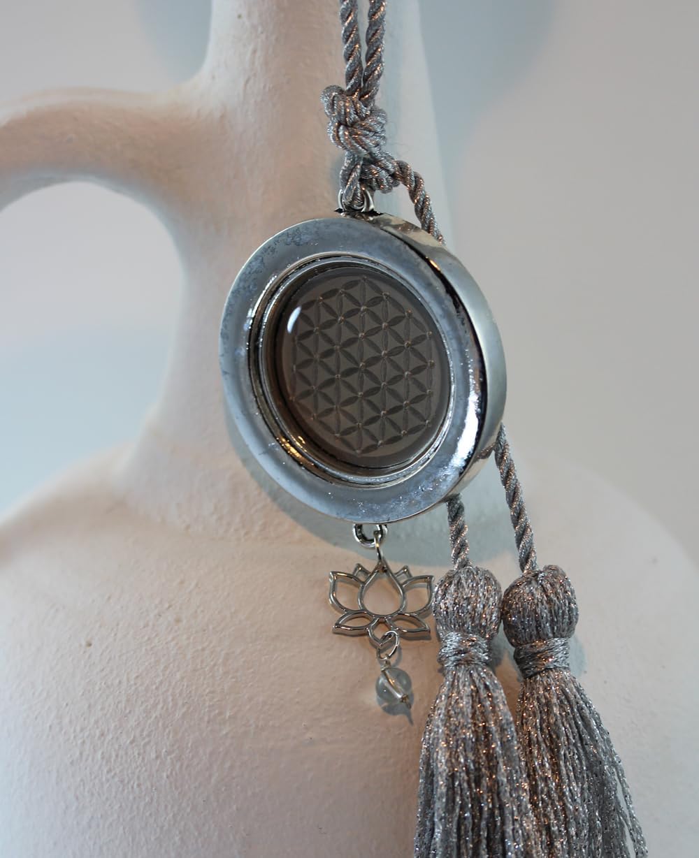 Long Tassel Necklace with Flower of Life and Clear Quartz Crystal, Unique Sacred Geometry Boho Lariat in Elegant Grey Beige Silver, Gift for Woman, INaCHI Design for Happiness Series