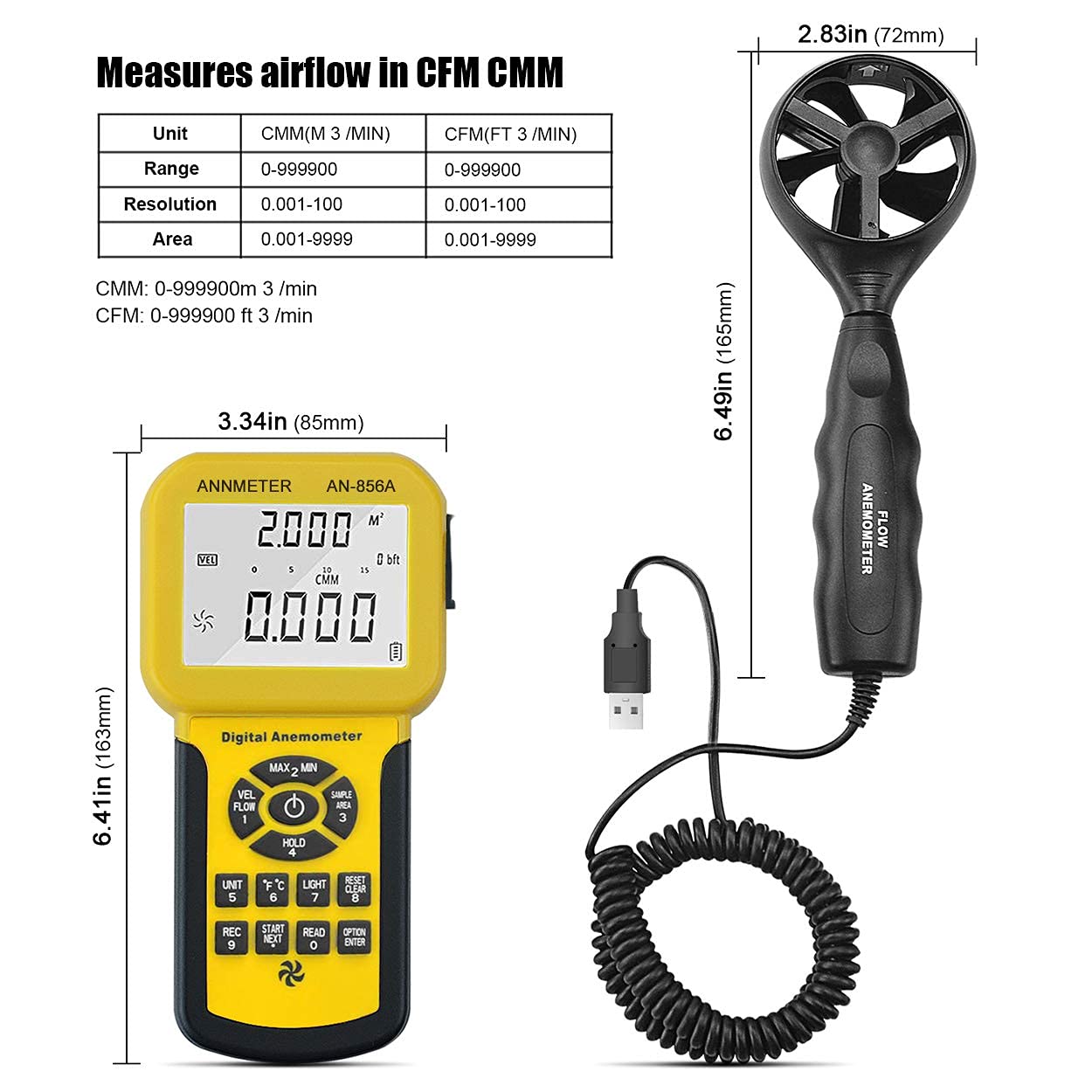 Débitmètre Air VMC Anémomètre avec Enregistrement - AIOMEST CFM Anemometer Mesure Vitesse Air Vent, Debit d’air Température avec USB, Professionnel Mesureur Courant Air Pour CVC Conduits Ventilation