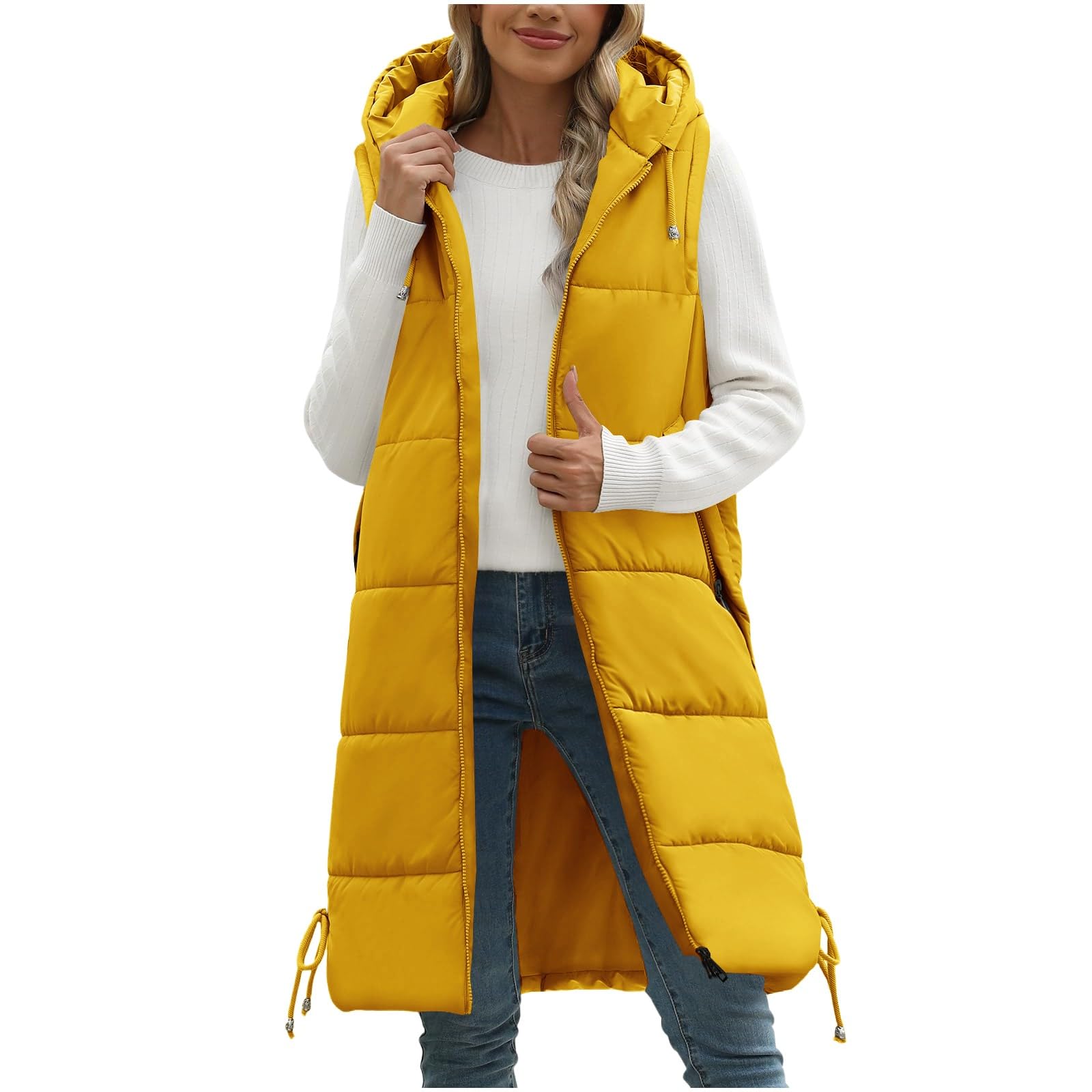 Chaleco de invierno para mujer, cálido, acolchado, largo, con capucha, sin mangas, ligero, acogedor, acolchado, calentador de cuerpo, casual, con cremallera, cómodo, ropa exterior de transición