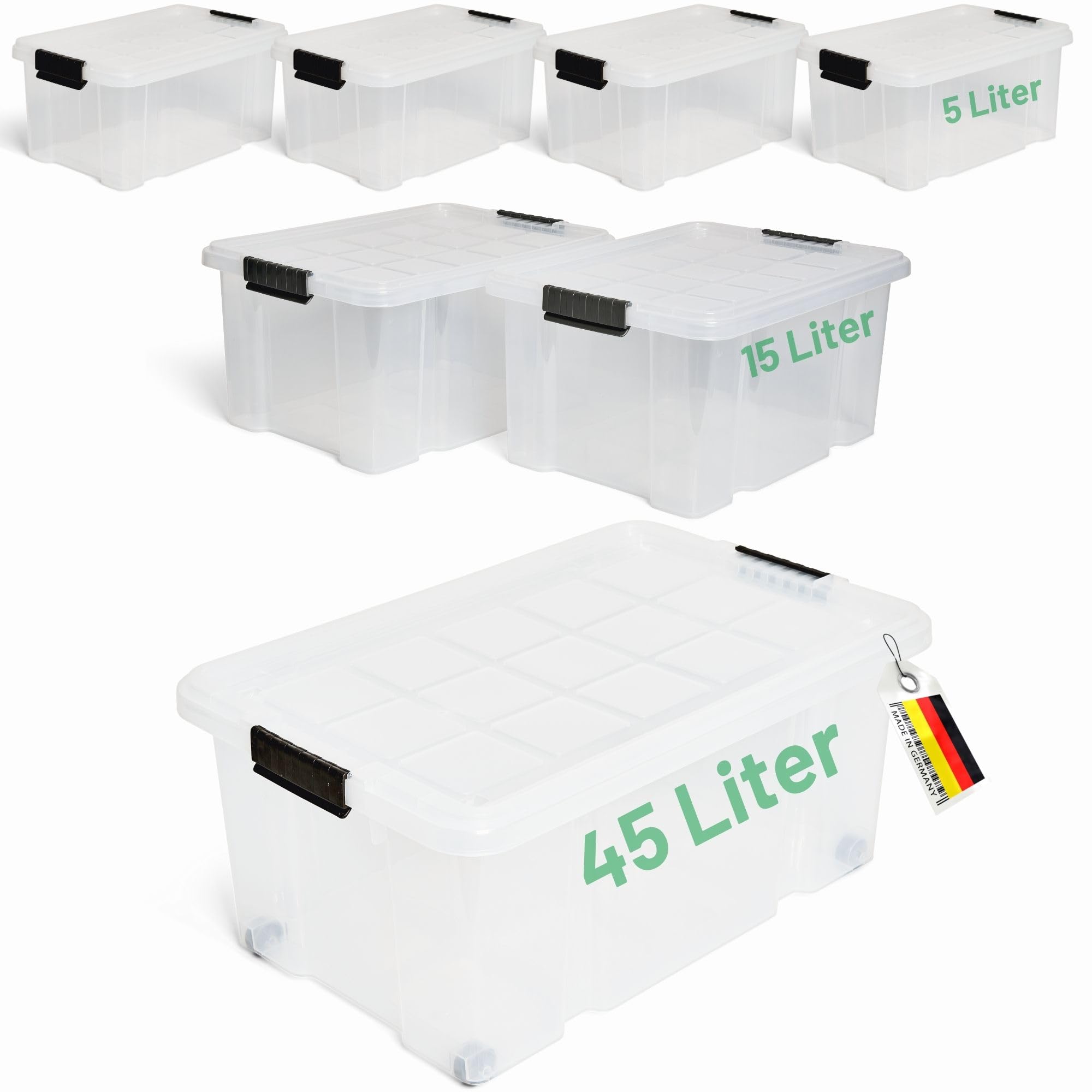 Novaliv - Set di 7 scatole portaoggetti con coperchio, trasparenti, 1 x 45 l, 2 x 15 l, 4 x 5 l, impilabili, con chiusura a clip, senza BPA