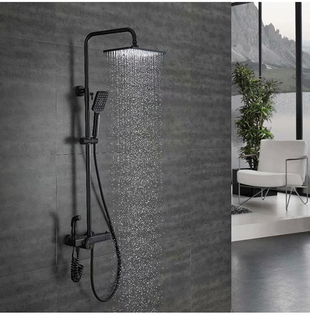 Set Doccia termostatico con Rubinetto a Pioggia, Caldo e Freddo, Nero, con Miscelatore per Bidet - Nero