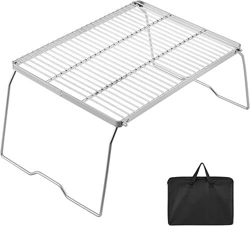 YETO Parrilla de camping de dos alturas con patas de acero inoxidable 304 plegable para fogata sobre fuego portátil y bolsa de transporte para