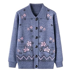 Cardigan avec Poches pour Femme Pull Épais et Chaud pour Femme D'Âge Moyen Costume De Vieille Dame Tricot Brodé pour Personne Âgée Col Ras Du Cou Manches Longues Cadeaux pour Vieille Dame Gris