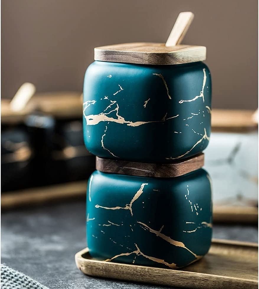 Set Di 2 Barattoli Per Spezie In Ceramica Blu Con Vassoio In Legno E Cucchiaio - 360 Ml
