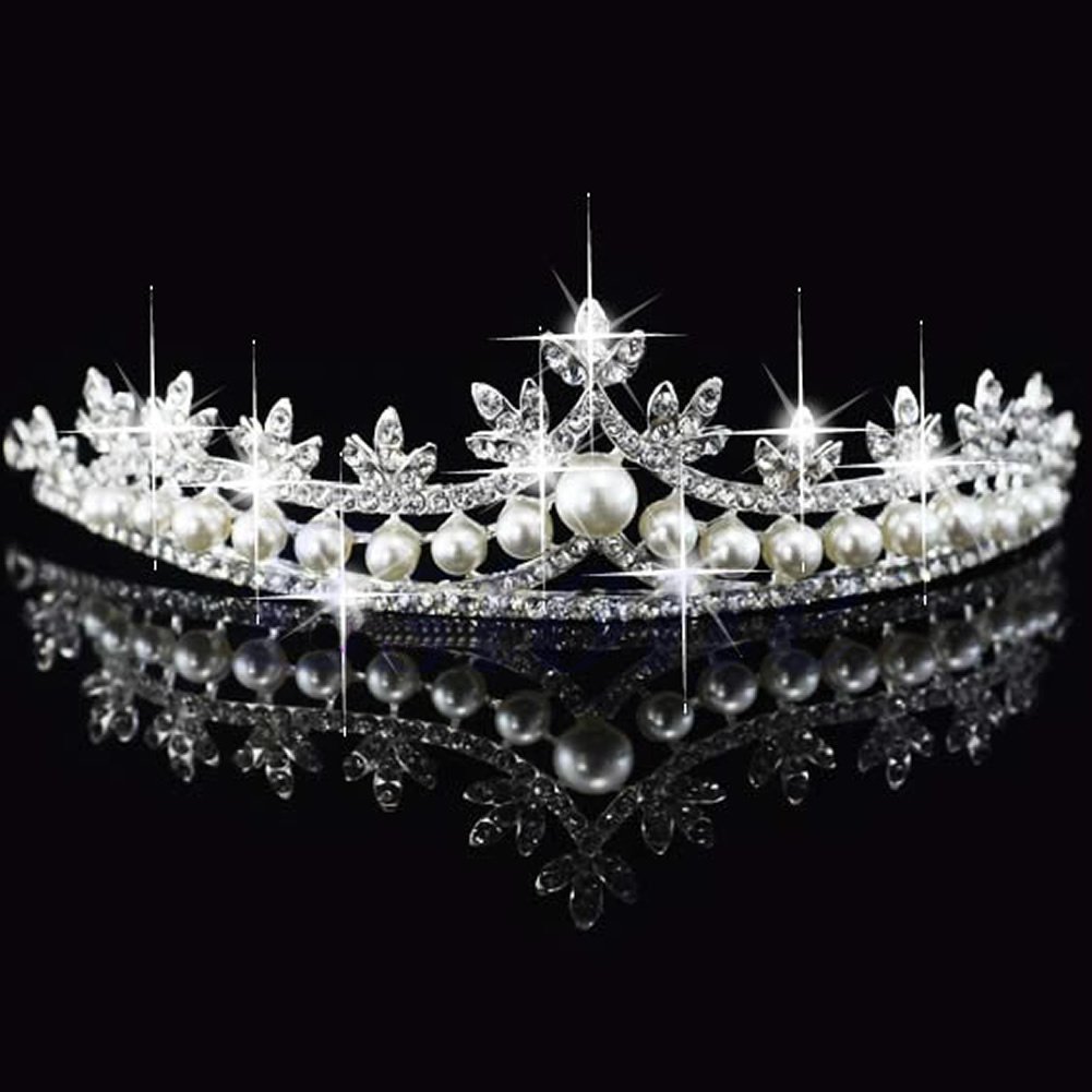 Xuniu Bride Crystal Crown, Bridal Princess Rhinestone Pearl Hair Tiara Wedding Veil Headband Crown