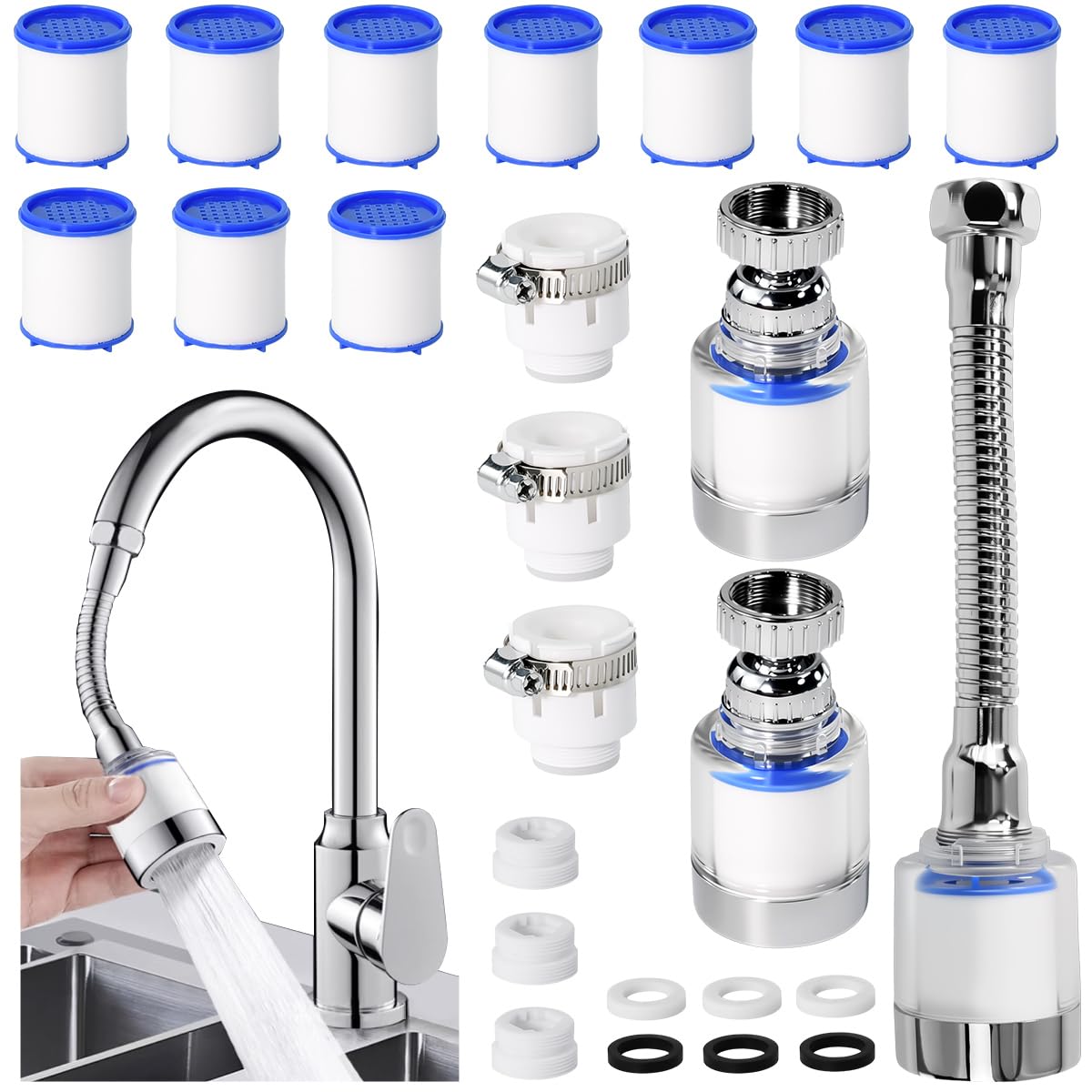 3 filtri per rubinetto rubinetto girevole a 360° filtro dell'acqua con 10 elementi filtranti in cotone PP, filtro universale anticalcare, rubinetto, estensione del rubinetto per cucina e bagno