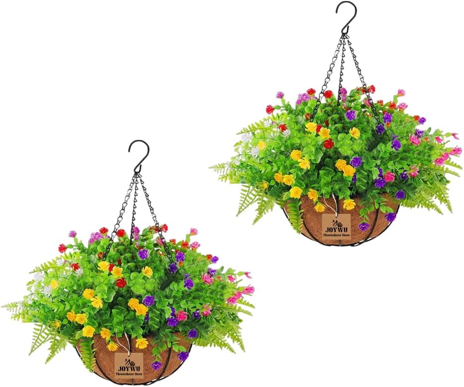 Artificial Fake Hanging Plants Flowers with Basket for Patio Garden,2 Set 17 in Hanging Planters with Violet and Ferns,Outdoor Spring Summer Decoration,UV Resistant Faux Plants in Coconut Pot