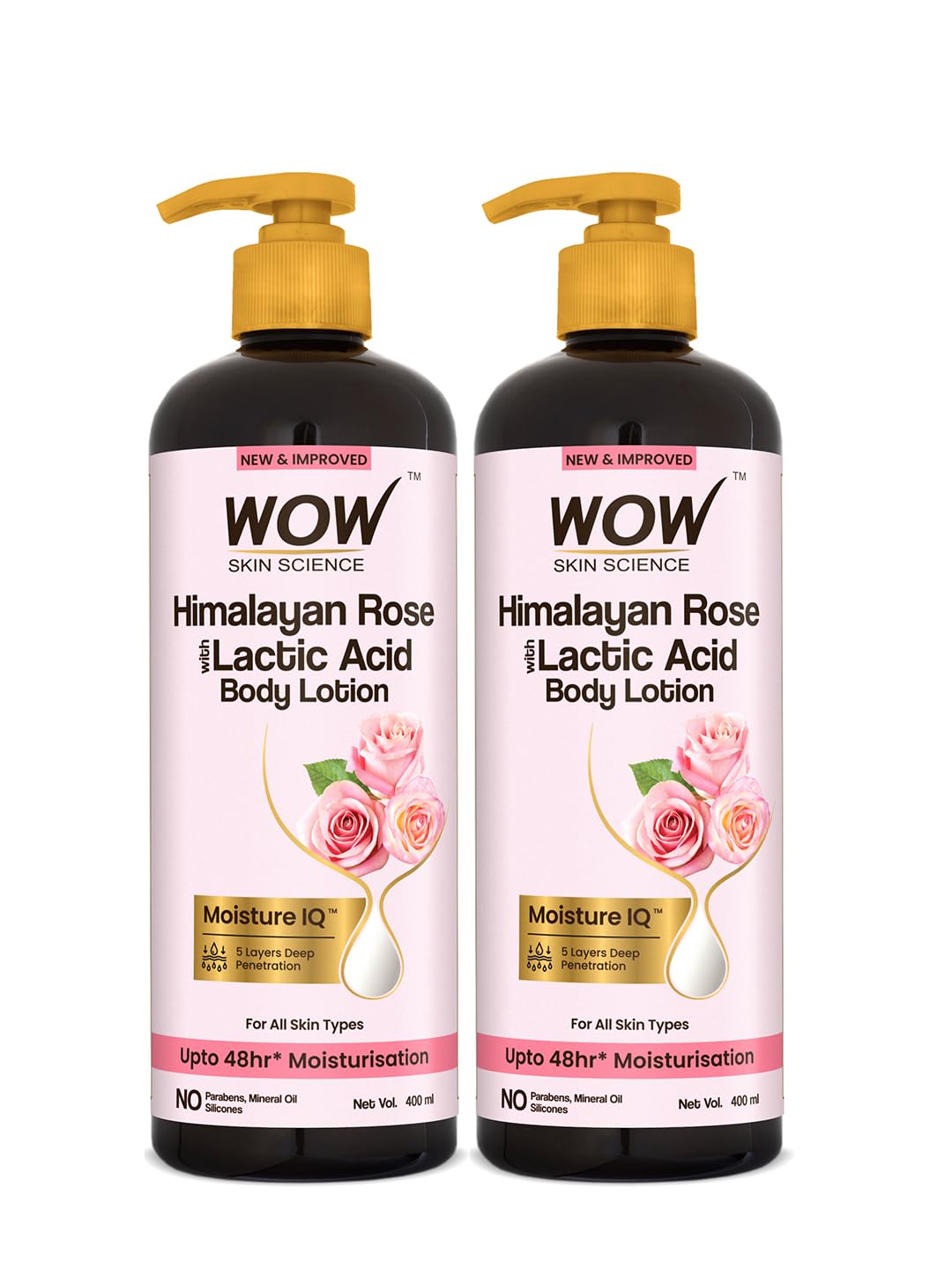 WOW Skin Science Himalayan Rose Soothing Body Lotion with Lactic Acid | 48HR Moisture Lock with Moisture IQ™ Tech | Light Hydration & Smooth Finish | Paraben-Free, Activated Naturals™ | 400ml*2=800ML