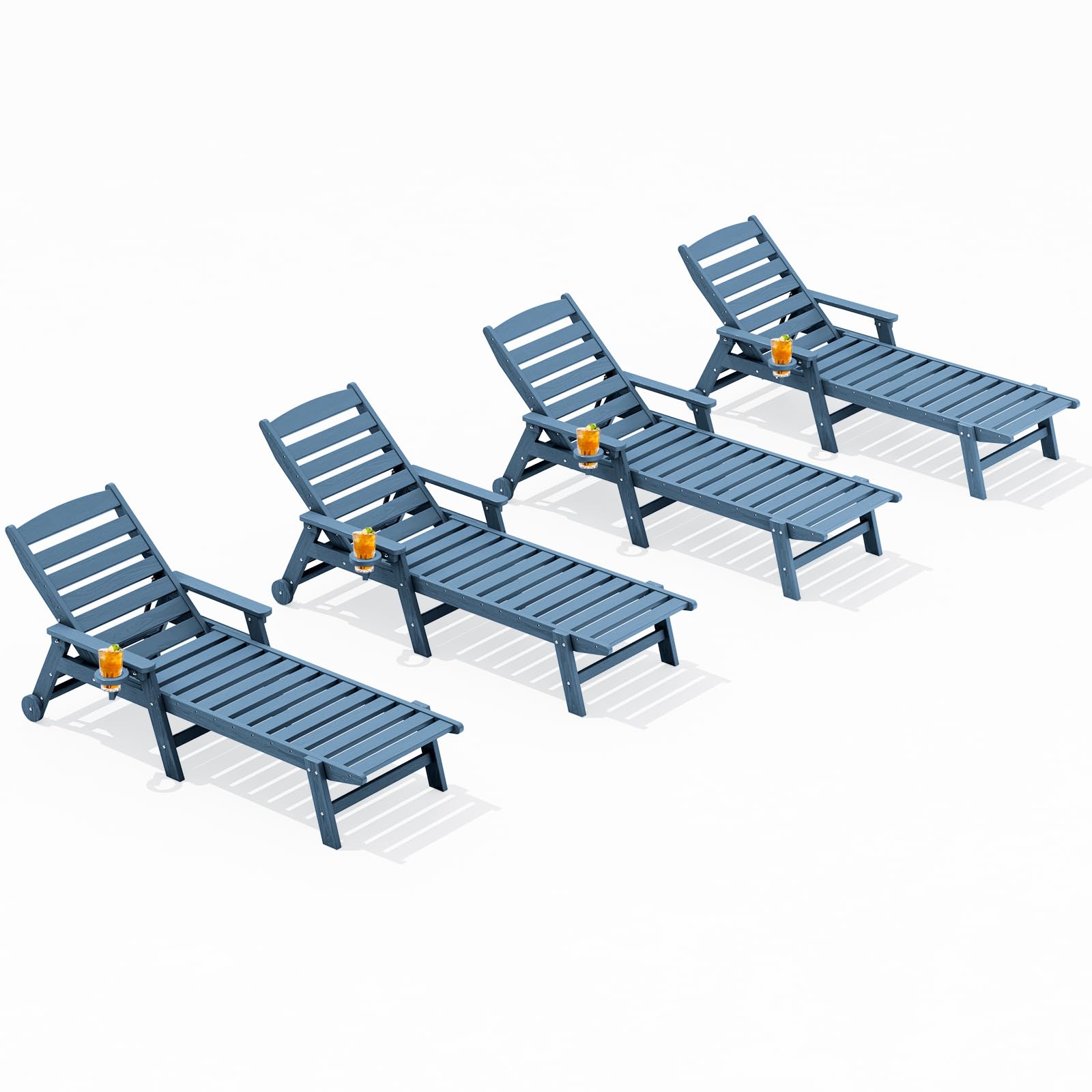 SERWALL HDPE Outdoor Chaise Lounge Set of 4 with Cup Holder, New Blue