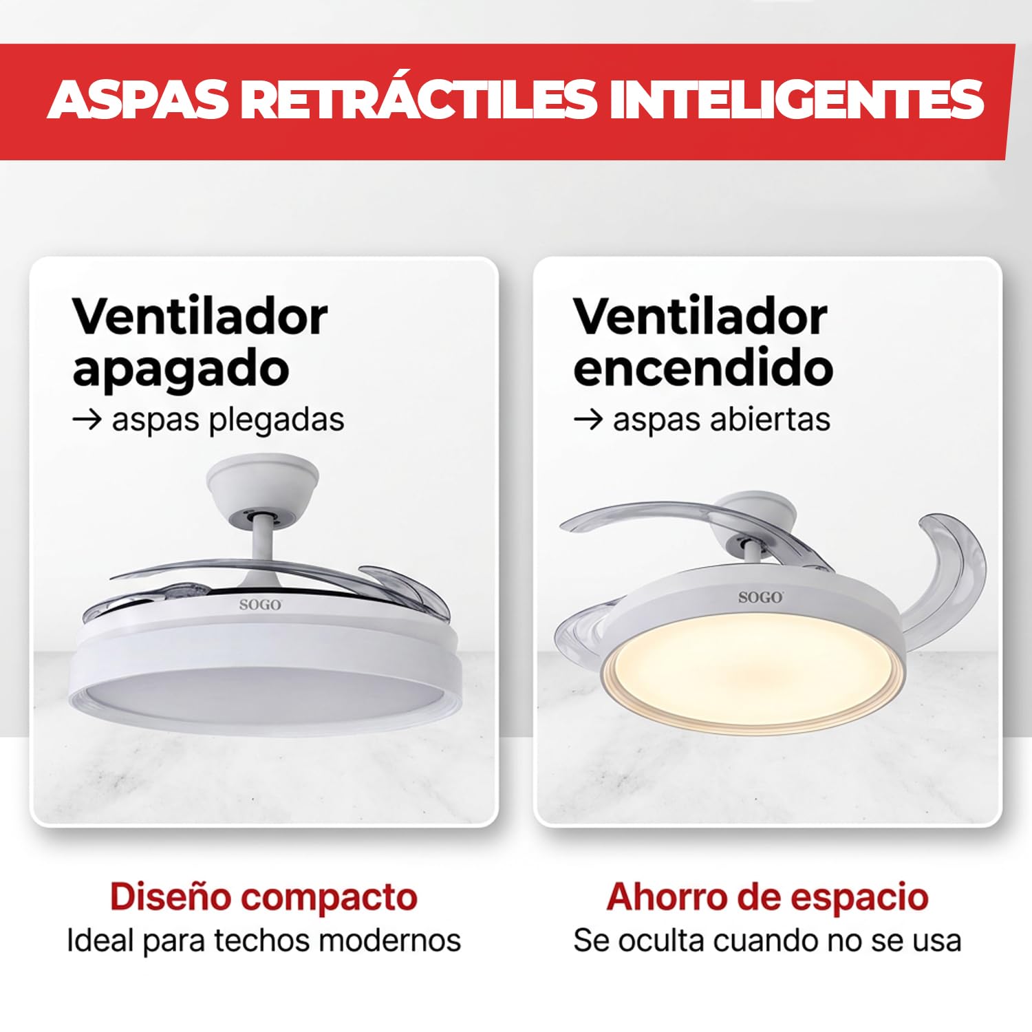 SOGO Ventilador Techo Plegable con Luz LED Regulable y Motor Silencioso - Ventilador Techo con Mando a Distancia y Temporizador Reversible - Ventilador Techo Aspas Retráctiles Madera Bajo Consumo