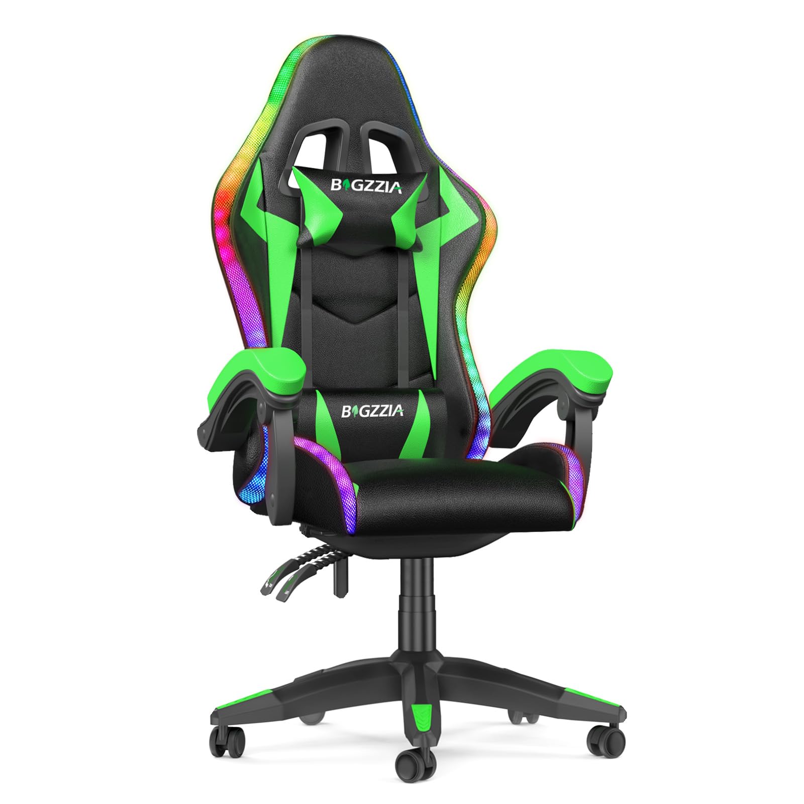 Bigzzia RGB Gaming Chair with LED Lights and Ergonomic Computer Chair Reclining PU Leather High Back Video Game Chair with Headrest Adjustable Lumbar Support Linkage Armrest for Adults (Black/Green)