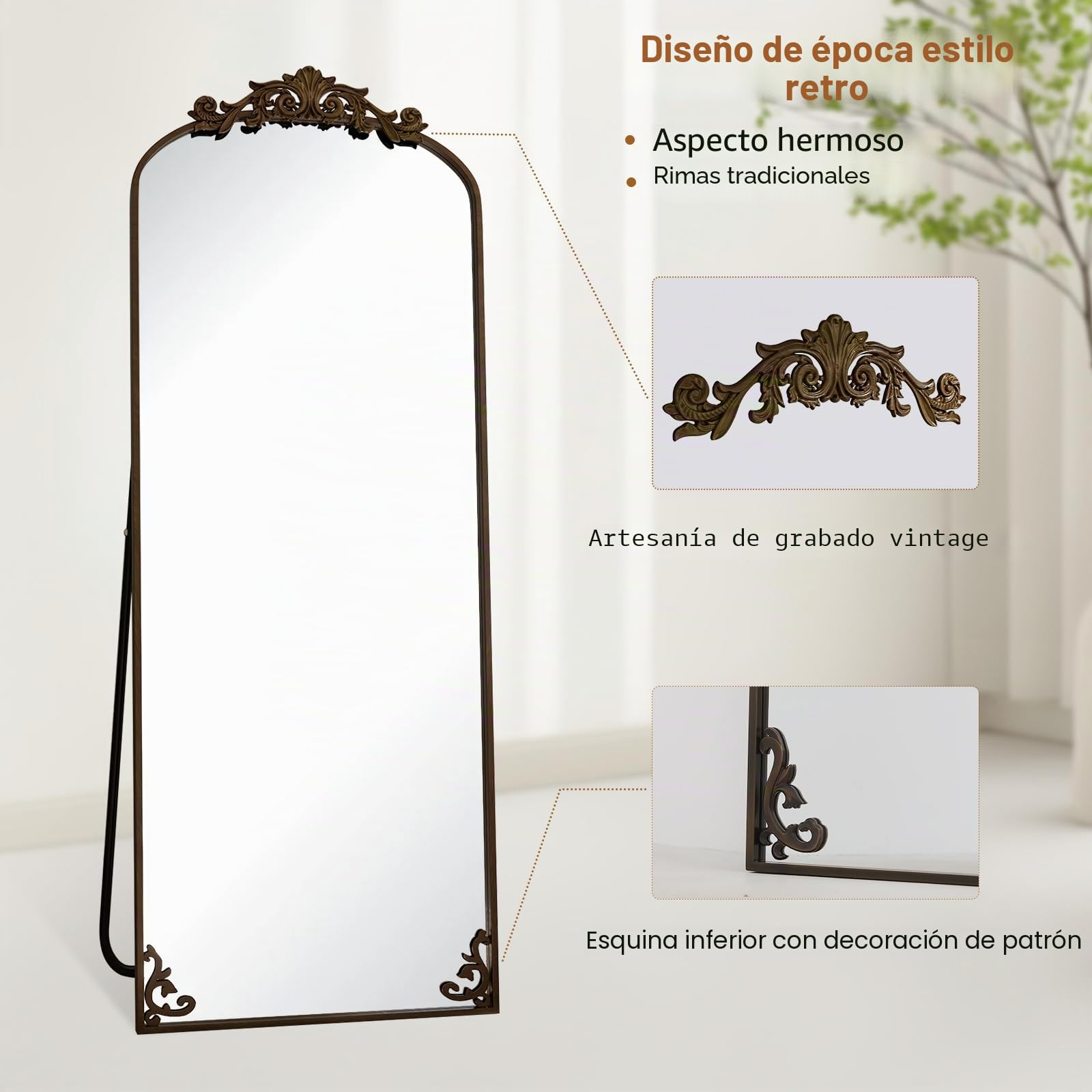 Koonmi Espejo de pie Vintage de Longitud Completa, 52 x 163 cm, Indestructible, magnífico Espejo de Cuerpo Completo con Hermoso Proceso de Grabado Retro para Dormitorio, Pasillo, Estilo Vintage