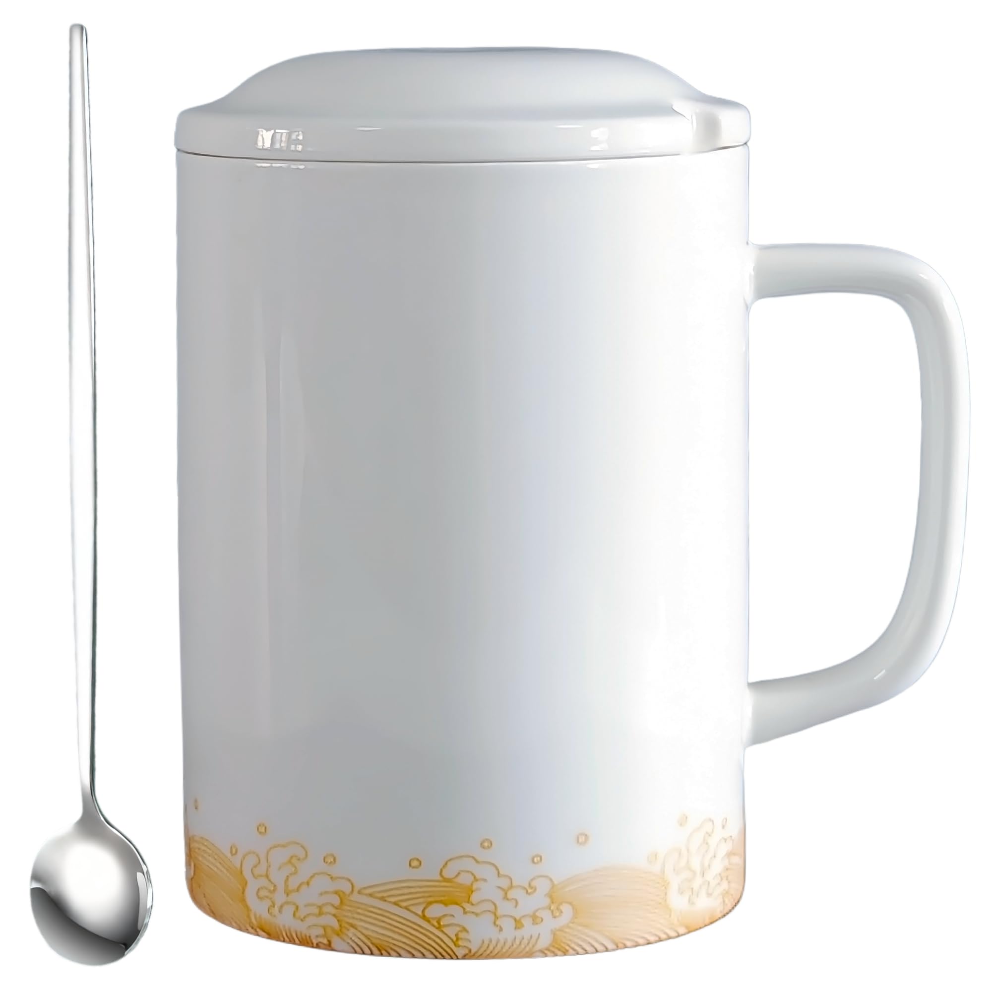 Taza de Café Gigantes Grande de Cerámica 1000 ml, Blanco | Tazas enormes, mug muy grande XXL con tapa y cuchara, aptas para lavavajillas y microondas, para café, té, oficina y hogar