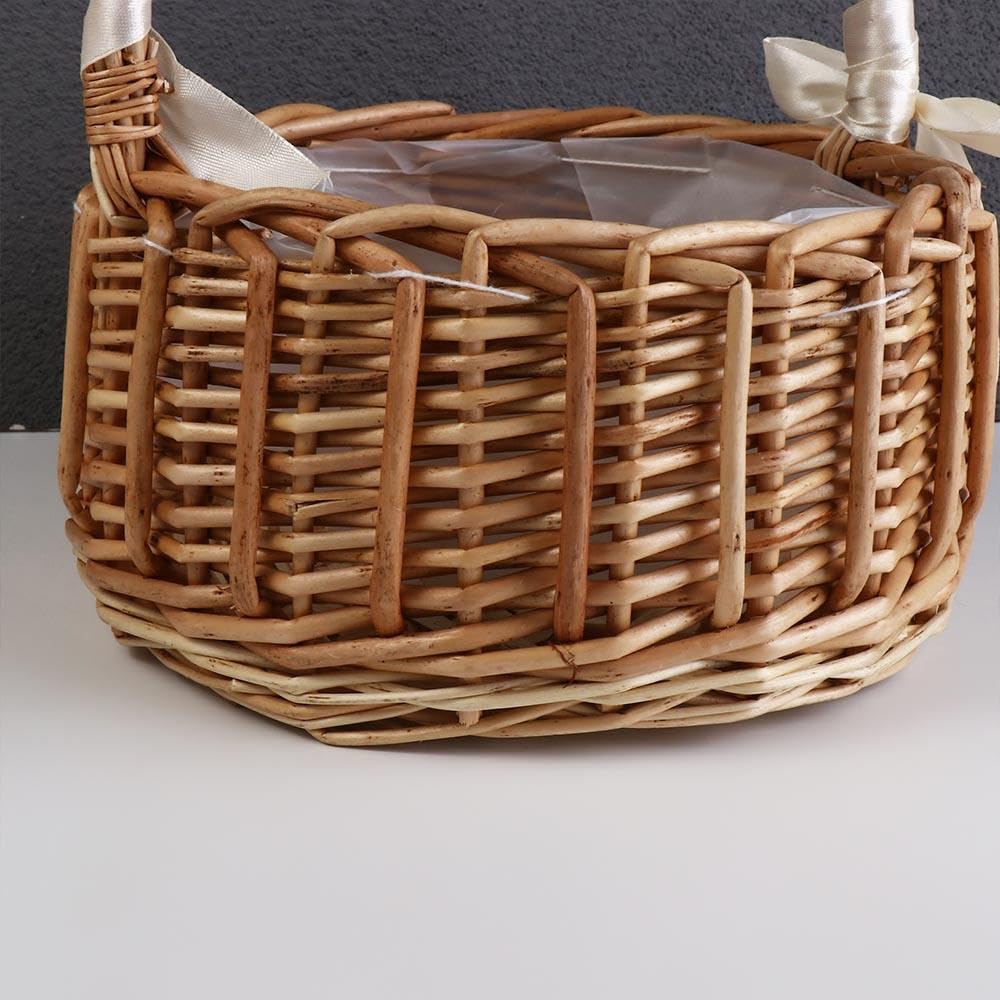 Cesto in vimini per damigelle, cestino per fiori in rattan, con manico e nastro, per feste di nozze (S, rosa)
