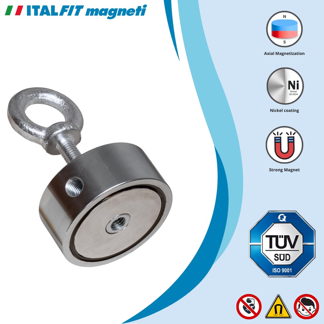 ITALFITMAGNETI | Aimant de pêche avec double oeillet et corde (20 MT) - Force de 220,00 kg - Diamètre 67 mm x Épaisseur 28 mm Trou M10 à visser