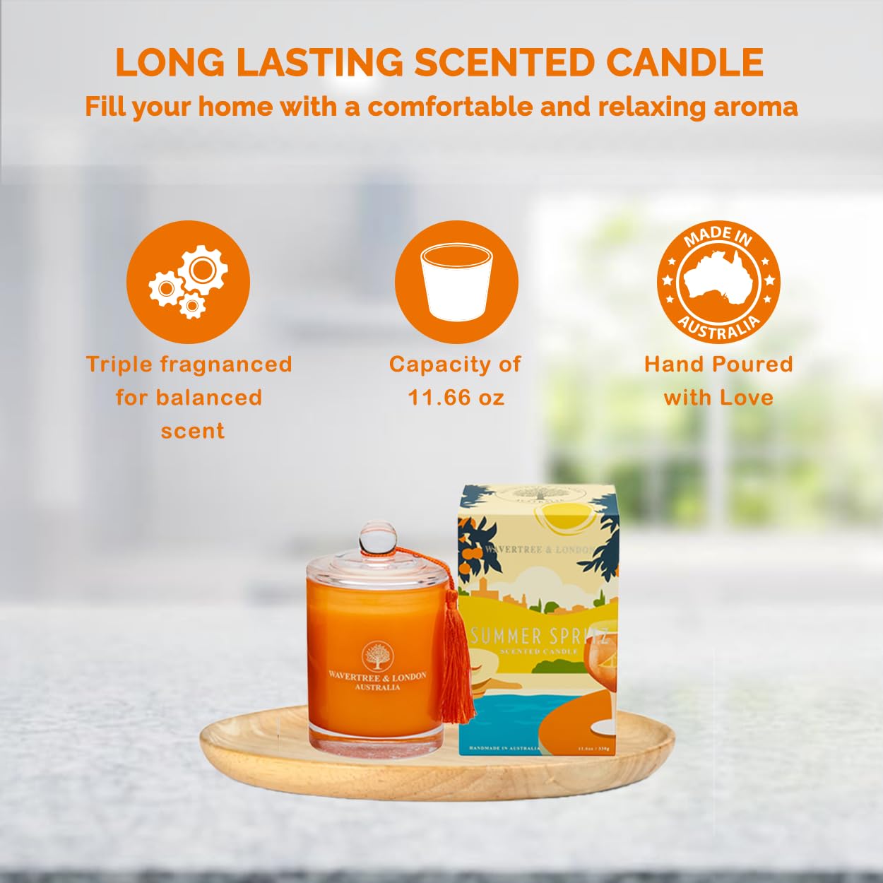 Wavertree & London Vela de cera de soja orgánica Summer Spritz | Velas de cera de soja natural pura y no tóxica, 100 % mecha de algodón, triple aroma, vertida a mano en Australia, 60 horas de tiempo