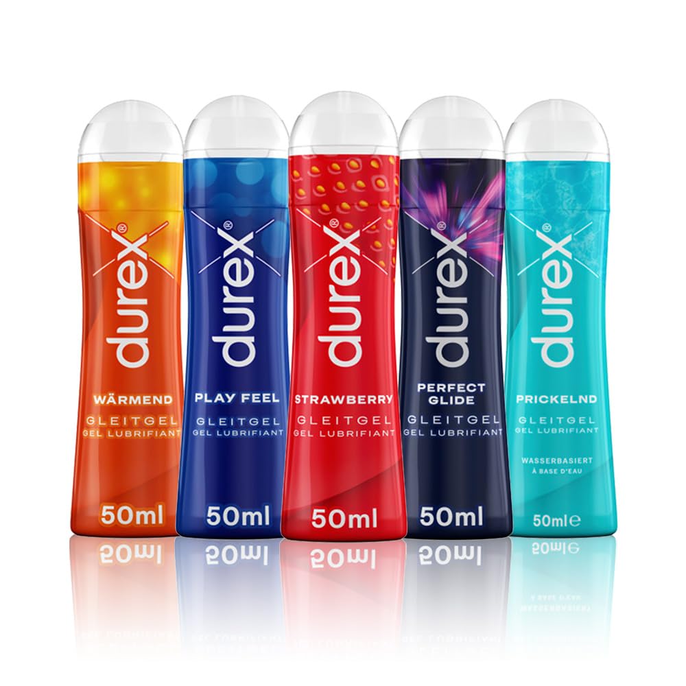 Durex Play Gleitgel Ausprobierpaket - Klebt nicht, verursacht keine Flecken – Set mit 5 verschiedenen Gleitgelen & Erlebnisgelen auf Wasserbasis & Silikonbasis, Kondom-geeignet – 5 x 50 ml