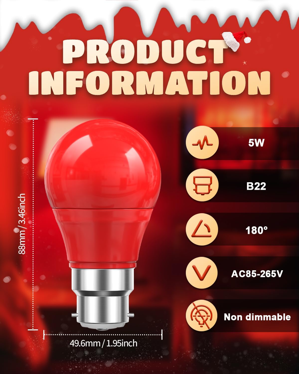 Lamptobe 5W B22 LED Red Light Bulb, 50W Equivalent, B22 Red Bayonet Light Bulbs, Suitable for Halloween Christmas Decoration - Image 2