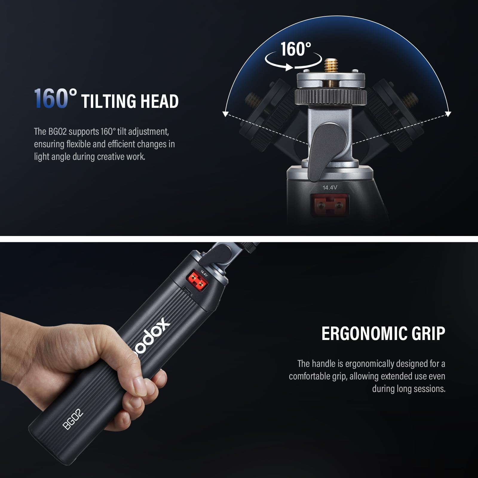 Godox BG02 Poignée Batterie Battery Grip 6600 mAh 95 Wh avec Tour Nuageuse 160° pour ML100Bi/R FH50Bi/R Éclairage Vidéo AD200 AD200Pro AD200ProII AD300 Pro Flash pour Appareil Photo