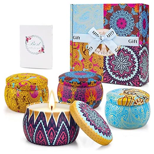 Yinuo Candle Velas Perfumadas Vela Aromática Caja de Regalo 4 Latas, 4.4 oz, 120 Horas de Quema, Cera de Soya con Tarjeta de Felicitación, Patrón Clásico,Regalos Originales para Mujer