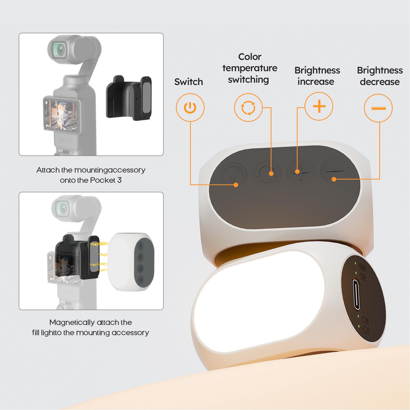 Lot de 2 lampes LED magnétiques avec 40 perles LED compatibles avec DJI Osmo Pocket 3, lampe vidéo 3000K-6500K, 10 niveaux de luminosité, batterie intégrée