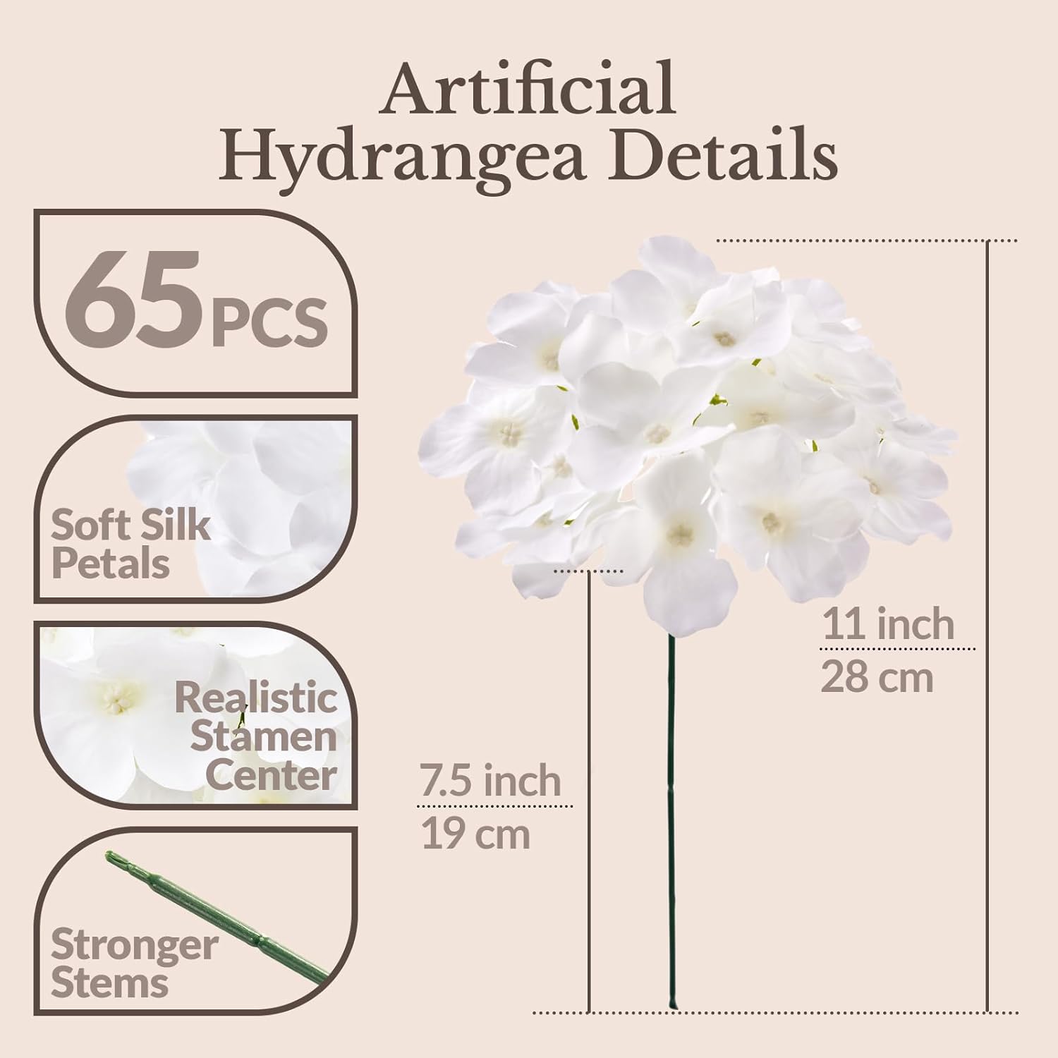 65PCS Hydrangea Artificial Flowers with Stronger Bendable Stems, Premium Silk Faux Hydrangea Flowers Bulk for DIY Wedding, Arches, Baby Showers & Large Event Decor(Ivory)