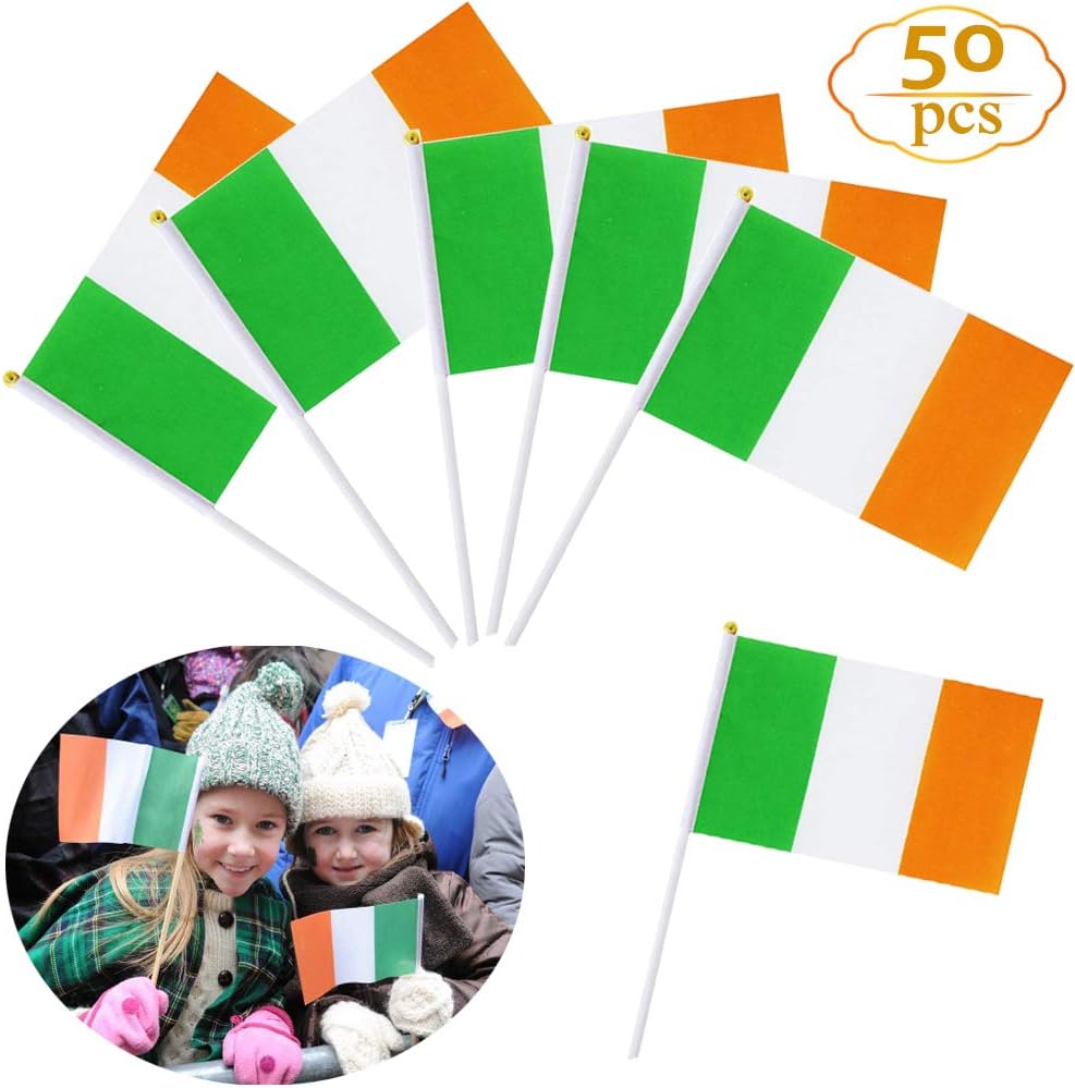 Ireland Stick Flag for St Patrick's Day - 50 Pack Hand Held Small Mini Irish Flag On Stick National Country Flags Banners, Party Decorations for Parades, World Cup, Festival Events, Olympics, Sports