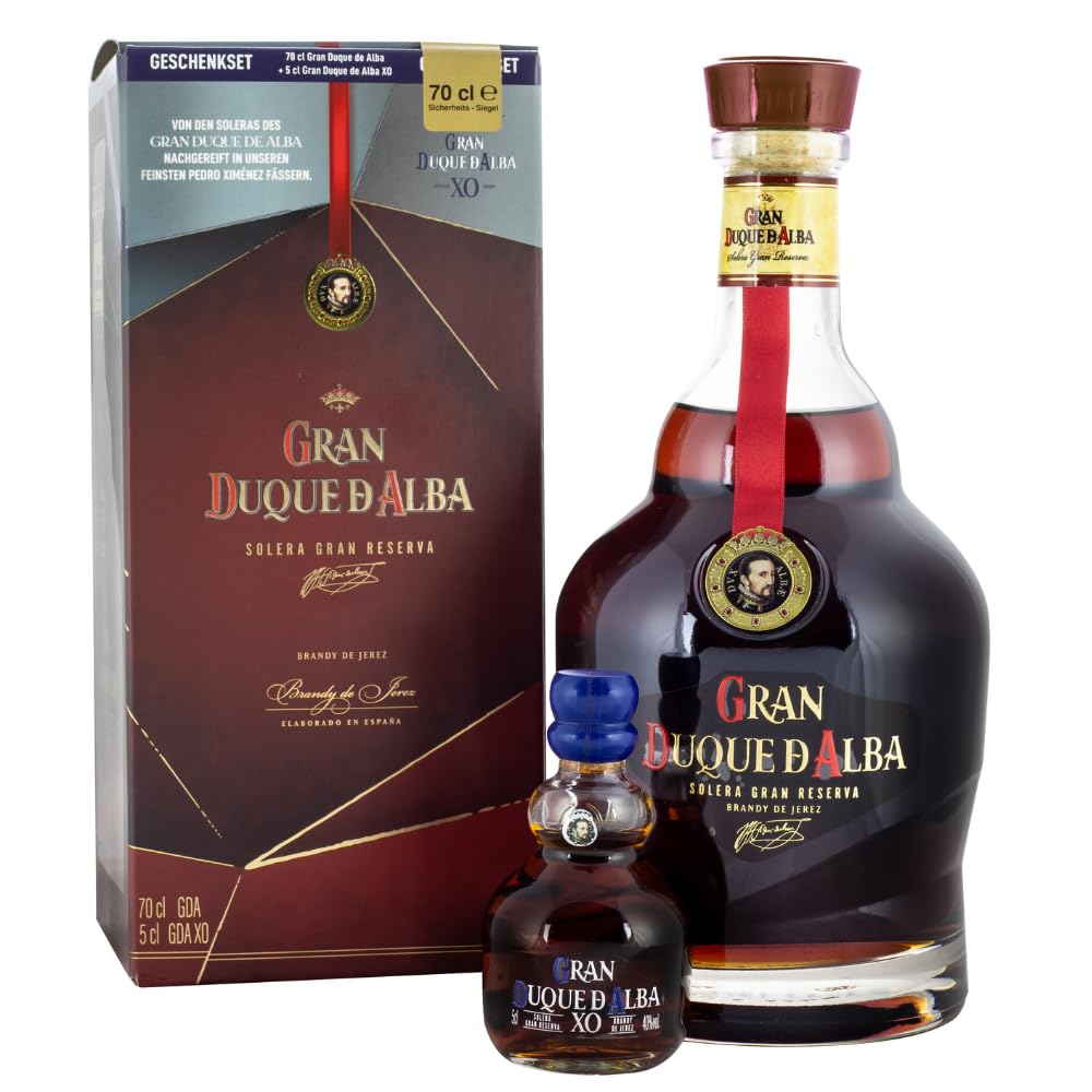 Gran Duque de Alba | Brandy de Jerez 700ml mit Mini GDA XO 50ml | Mehrfach ausgezeichneter Brandy u.a mit Gold bei der San Francisco World Spirits Competition | 700ml + 50ml | 40% Vol.