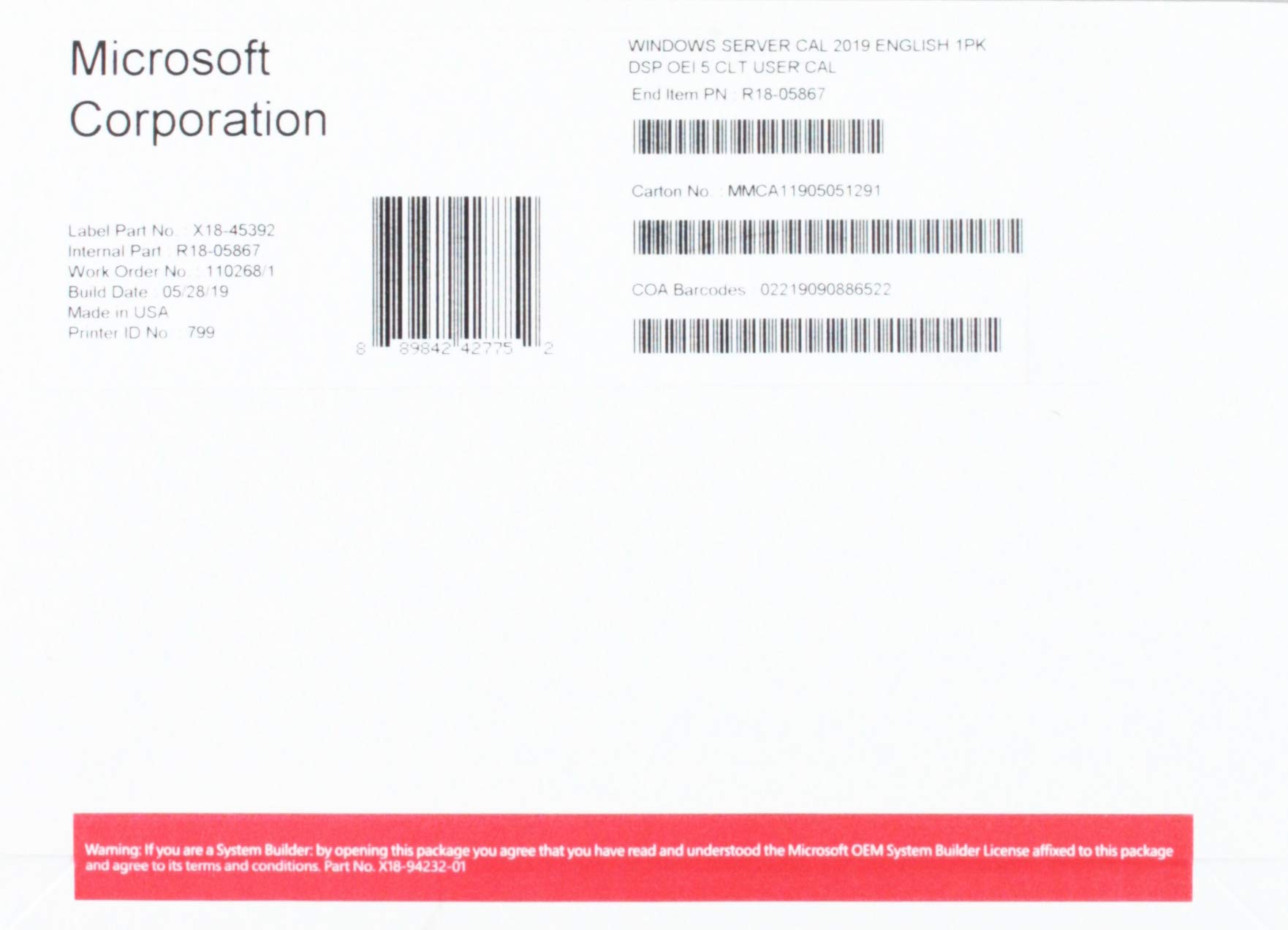Microsoft MS SB Windows Server 2019 5 User CAL [UK] EOL 30.06.2023