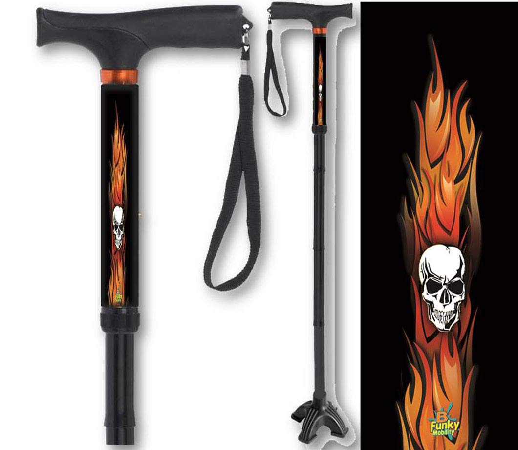 Folding Walking Cane Gel Soft Handle Footed Quad Cane Tip Adjustable Flames with Skulls BFunkyMobility