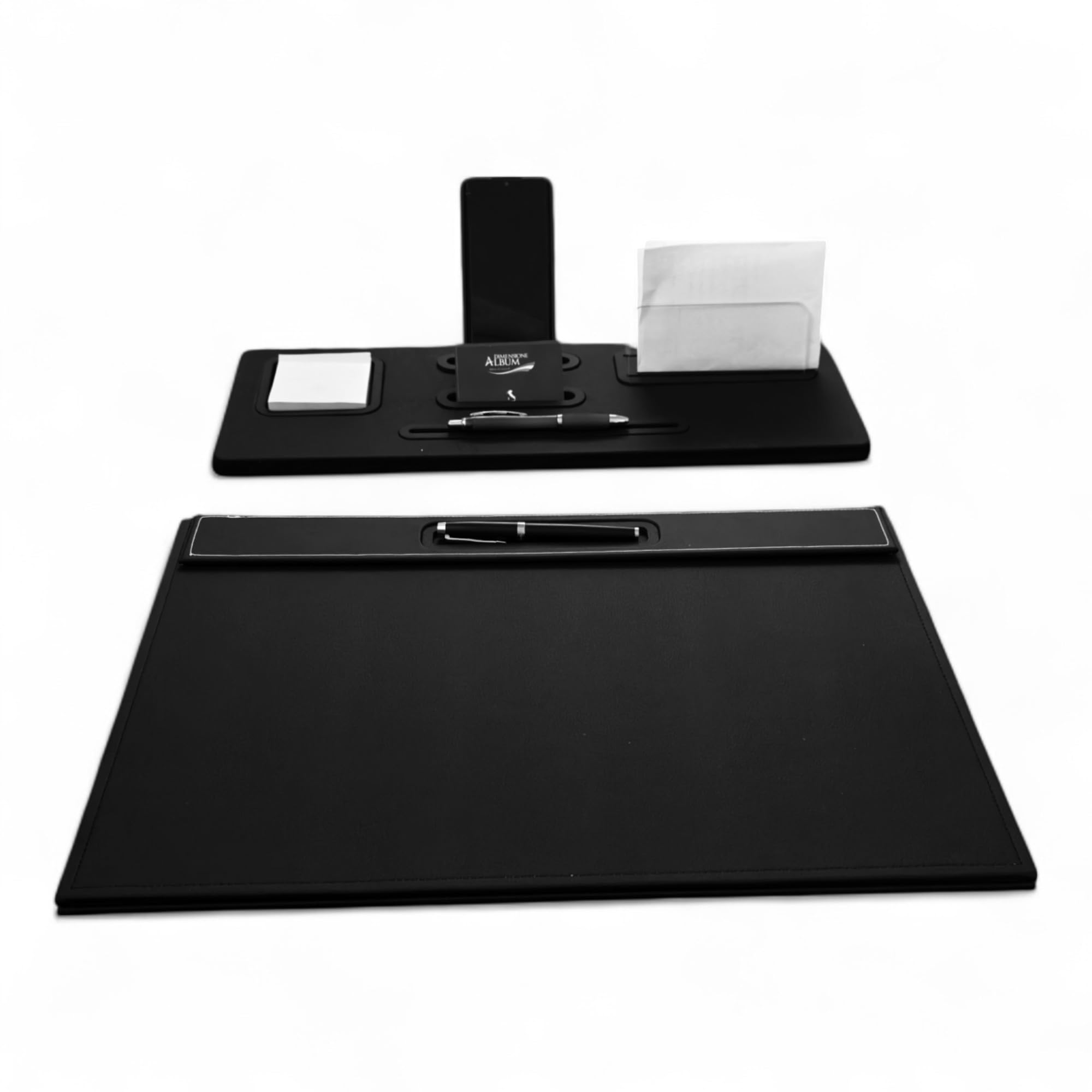 Oggettando Set Scrivania in eco pelle PU Nera, 5in1 Organizer con Supporto smartphone, Porta lettere, Porta bigliett, Portacarte adesive, Sottomano Ufficio, Casa (PU NERO)