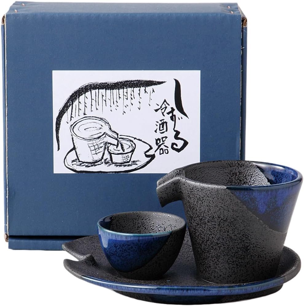 Mino Ware Cold Sake Set Cooler Saucer Cup Black Blue Porcelain Made in Japan