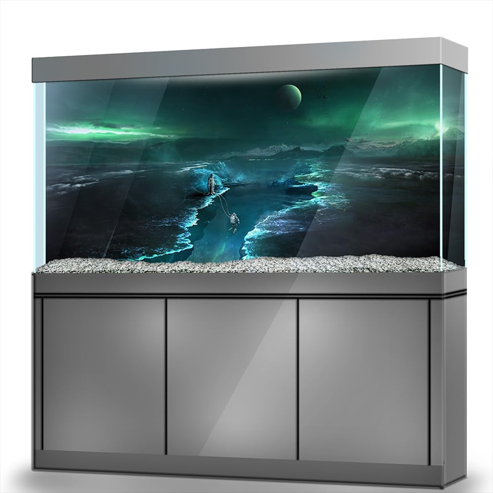 Aquarium Background Stickers - Astronaut Aurora Moon Self-Adhesive Fish Tank Reptile Terrarium Decor Poster (120 x 60 cm / (47.2 x 23.6 inches))