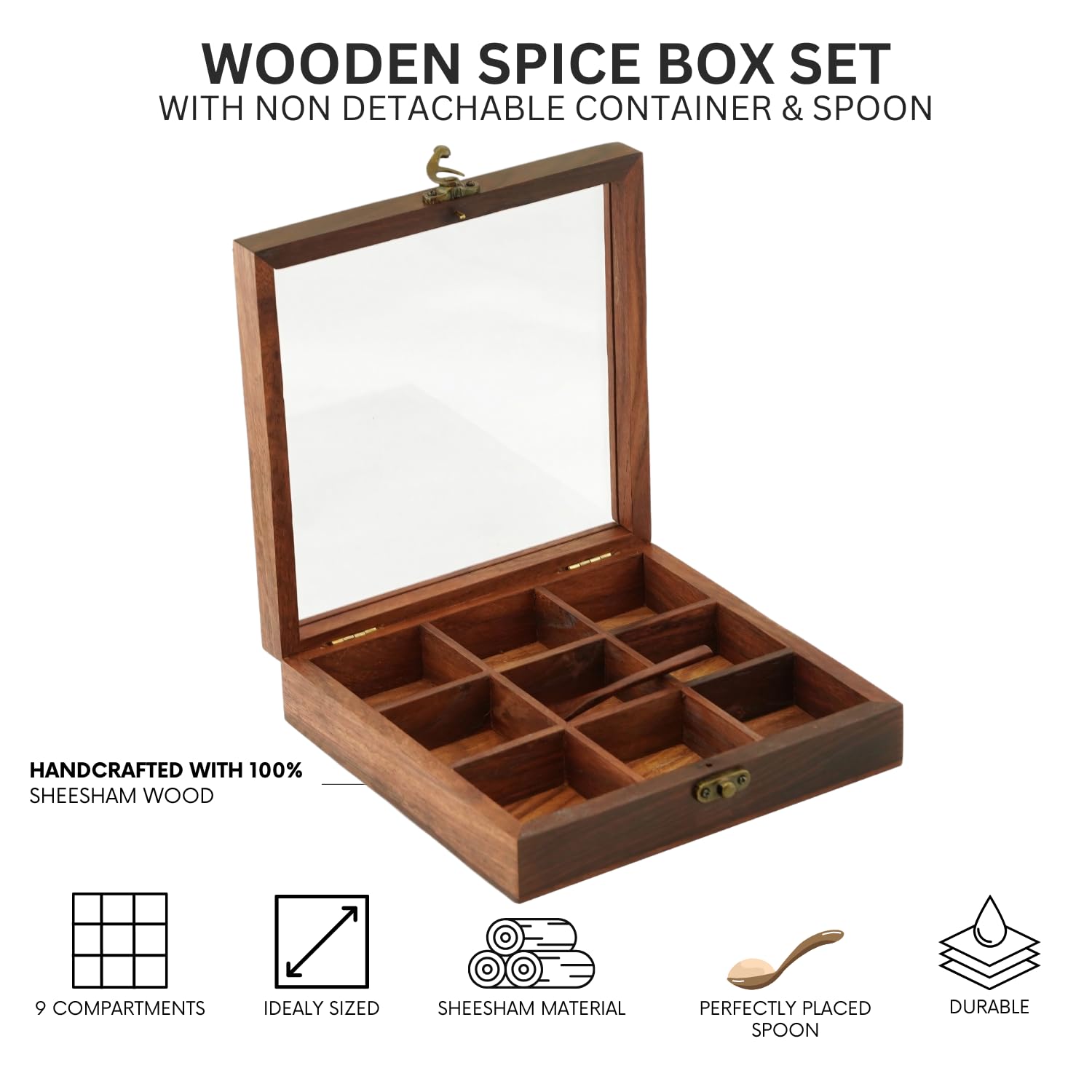 Freakway Sheesham Decorative Multipurpose Wooden Boxes/Masala Dabba Containers Jars & Wooden Masala Box for Kitchen with Spoon (9 Partitions, Non Detachable) 2
