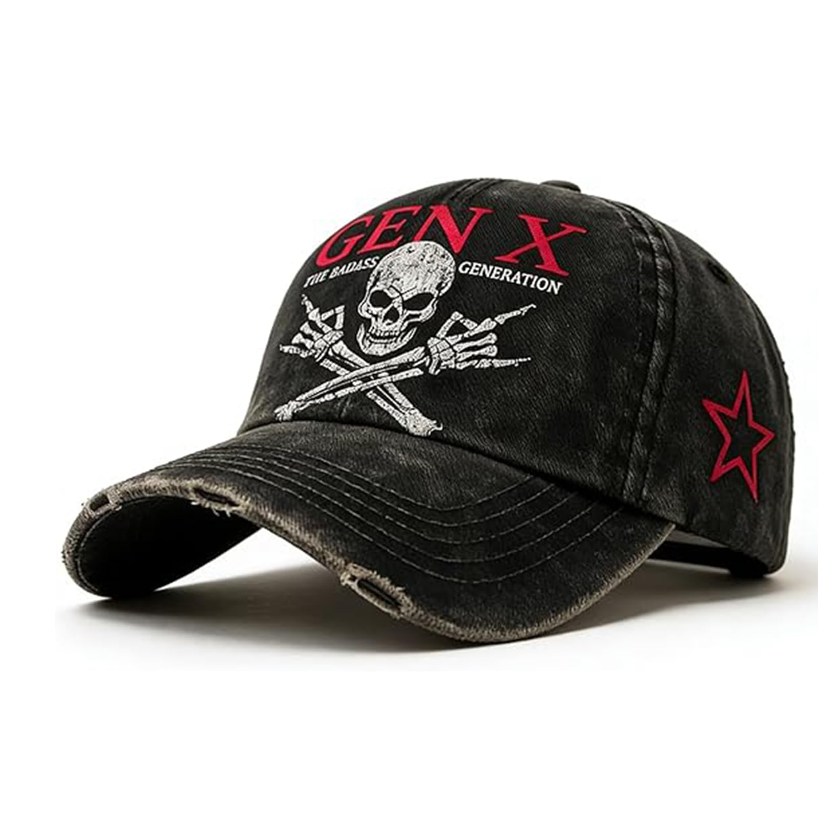 GUUZETU GEN X Badass Skull Cap, Adjustable Bold Generation X Vintage Distressed Baseball Cap, with Skull Design & Slogan (1pcs)