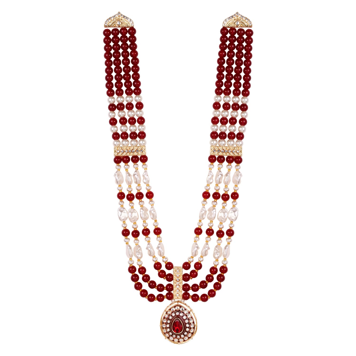 4 Layered Traditional Gold Plated Dulha Moti Mala with Beaded Maharaja Haar/Groom Necklace for Men-image-4