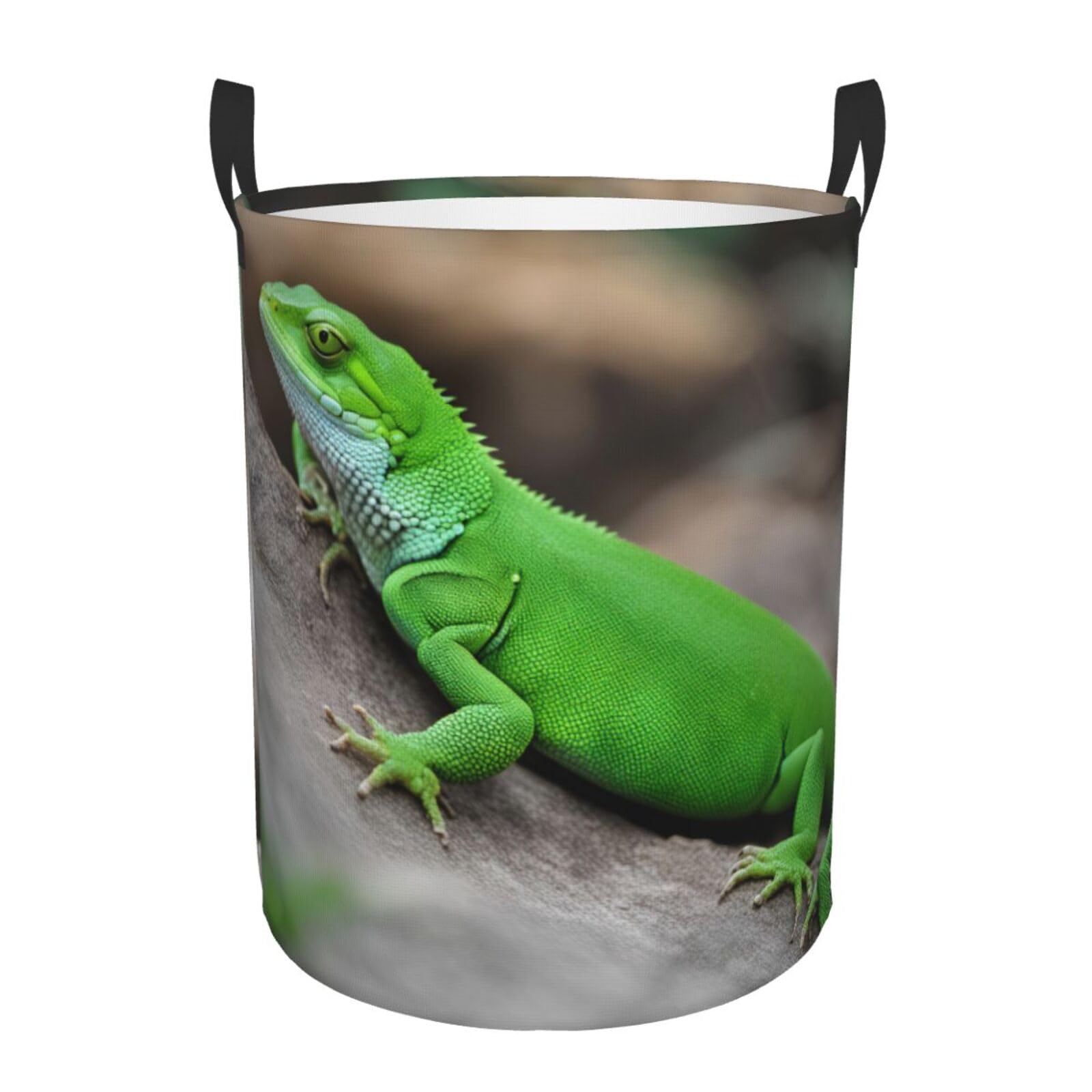 Panier à linge vert imprimé lézard au design rond et étanche