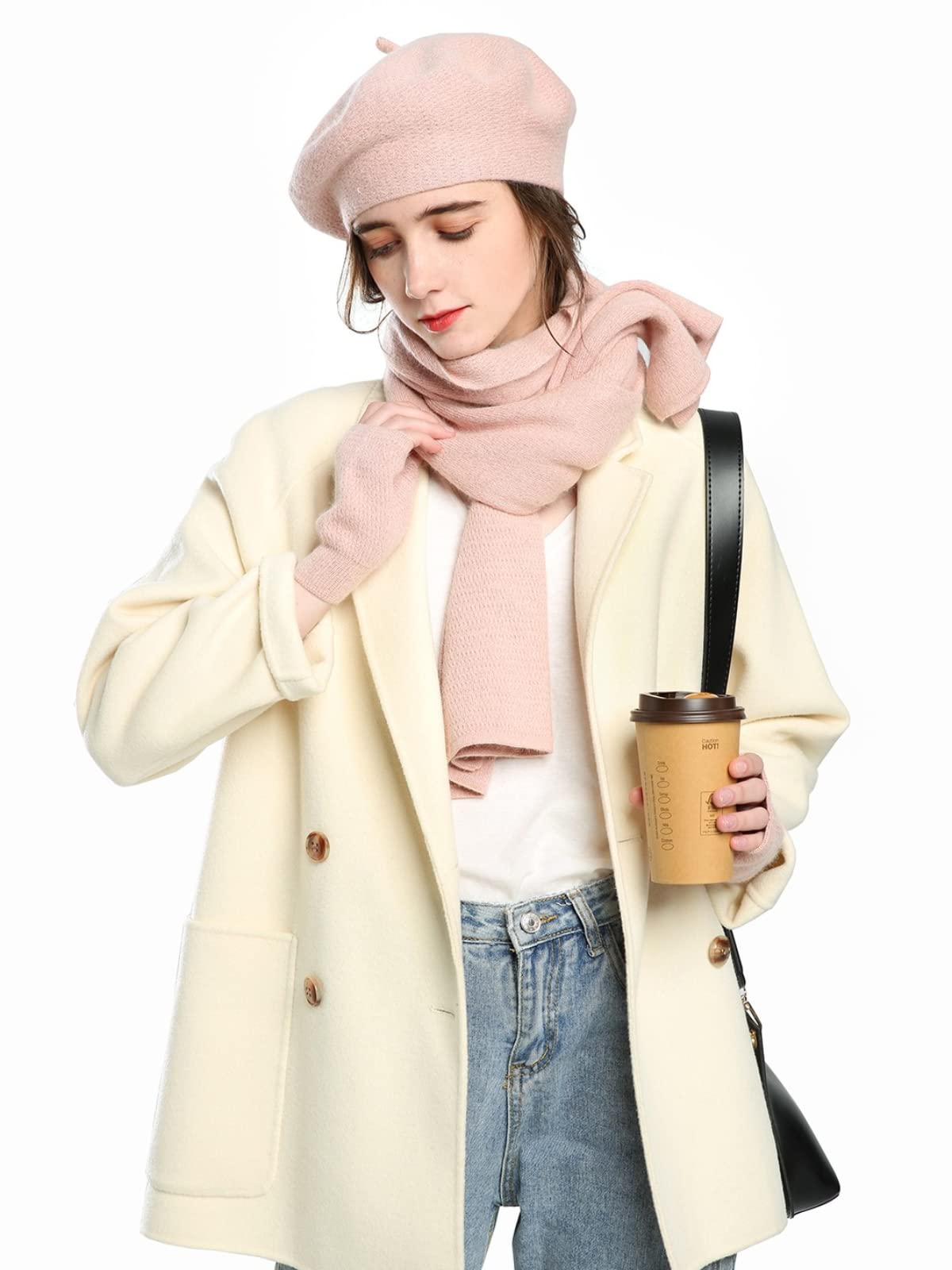 Dajingkj Einfarbige Baskenmütze für Damen, 3-teiliges Hut, Schal, Handschuhe, Set, Mädchen, fingerlose Handschuhe, Baumwolle, Winter-Geschenk-Set