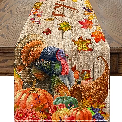 Thanksgiving Table Runner, Give Thanks Runner, Happy Thanksgiving Turkey Pumpkins with Fall Maple Leaves Runners for Table 72 Inch, Holiday Decor Small Table Runner Rug for Home Decorations Kitchen