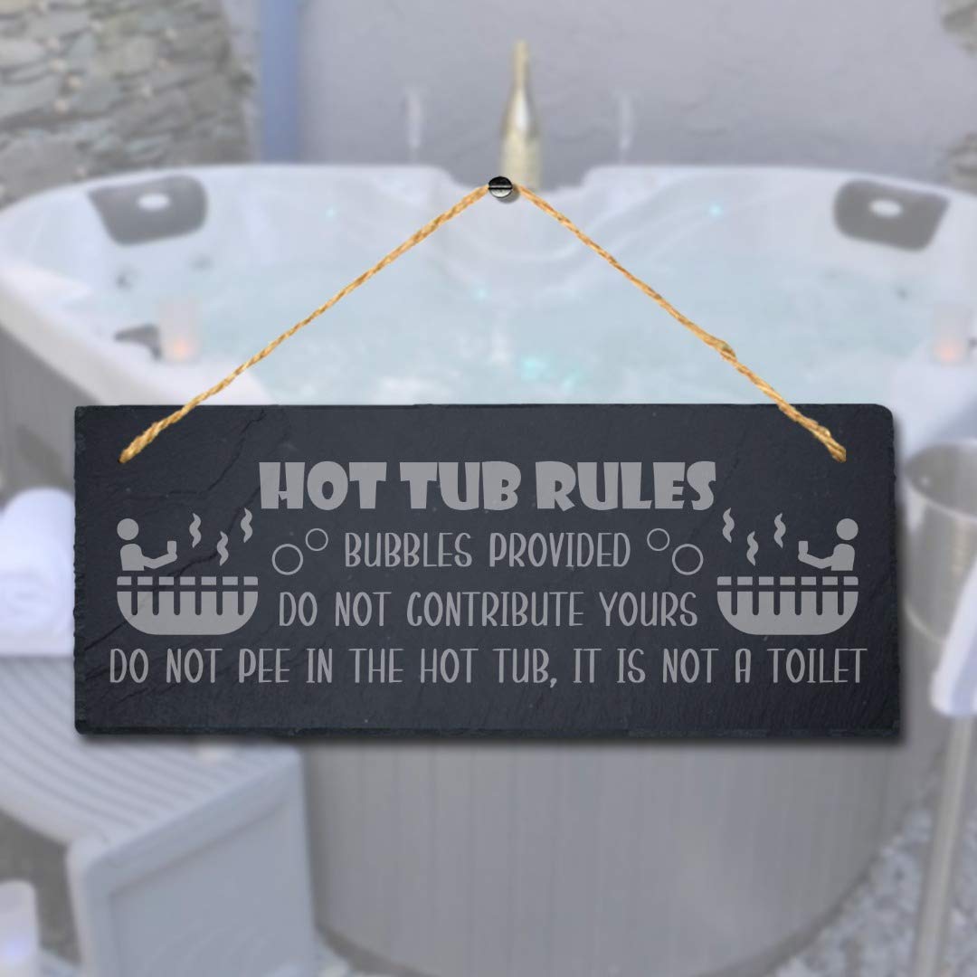 Stukk Hot Tub Rules Bubble Provided Humorous Hanging Pool Sign, Natural Engraved Slate Stone Plaque, 30x12cm