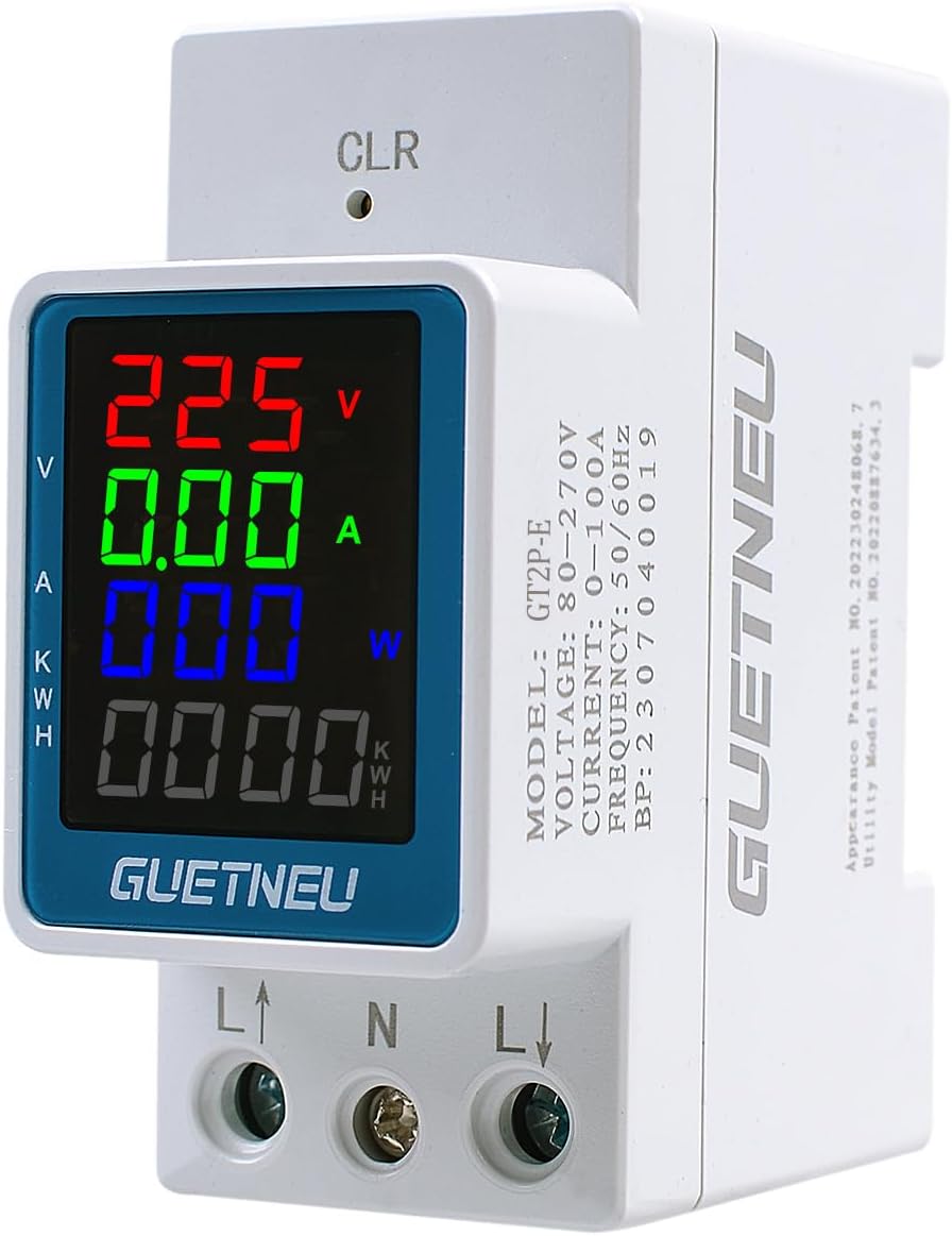 Color Digital Display Energy Meter Multifunction Tester Rail-Mounted Meter GT2P-E, 80270V AC, 0100A, 025KW, 50/60Hz. Measurement of Volts, Amps, Watts, Hertz, PF and Kilowatt-Hours