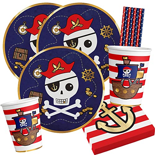 spielum Ensemble de 44 pièces pour Enfants - Décoration de fête pour garçons - Vaisselle de fête d'anniversaire - Décoration Pirate pour fête d'enfants