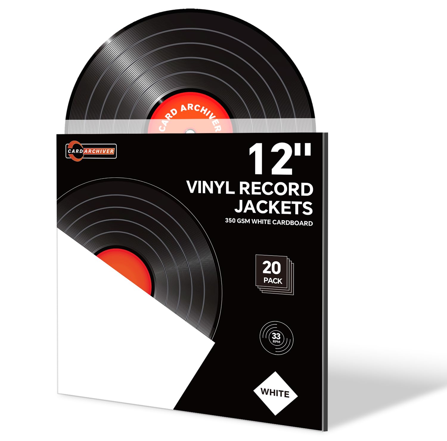 20PCS White 12-Inch LP Vinyl Record Jackets, 350gsm Cardboard Sleeves with No Center Hole, Blank Album Covers for 33 RPM Storage & Protection, Thick LP Jackets for Record Storage