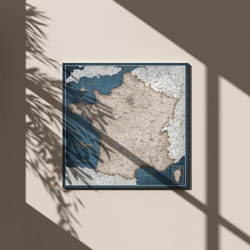 Carte de France sur toile avec tableau d'affichage en liège pour épingler les destinations - Tableaux de toile de carte de France de haute qualité de différentes tailles (80x80 cm Modèle 4)